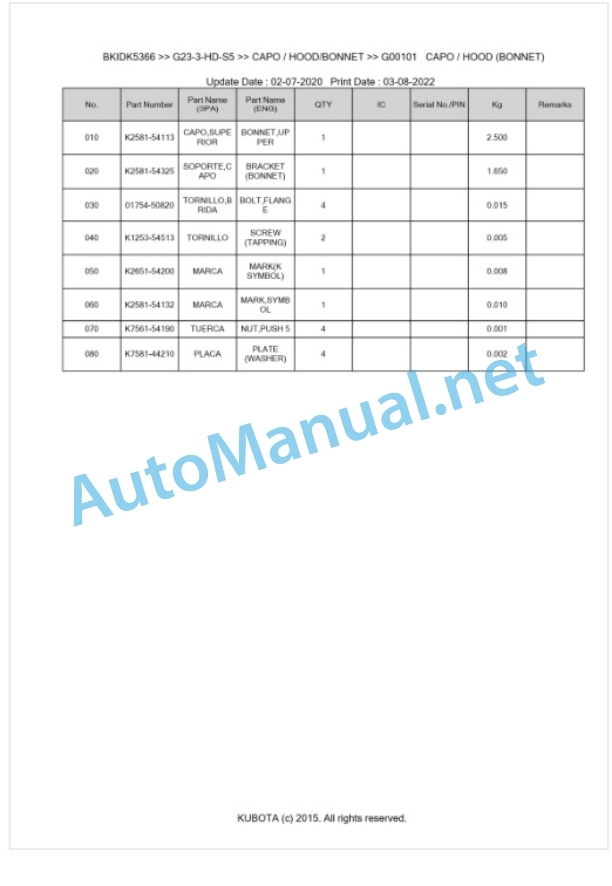 Kubota G23-3-HD-S5 Parts Manual PDF BKIDK5366 5 Kubota G23-3-HD-S5 Parts Manual PDF BKIDK5366-5