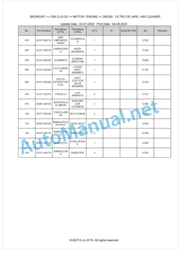 Kubota G26-3-LD-S5 Parts Manual PDF BKIDK5367 2 Kubota G26-3-LD-S5 Parts Manual PDF BKIDK5367-2