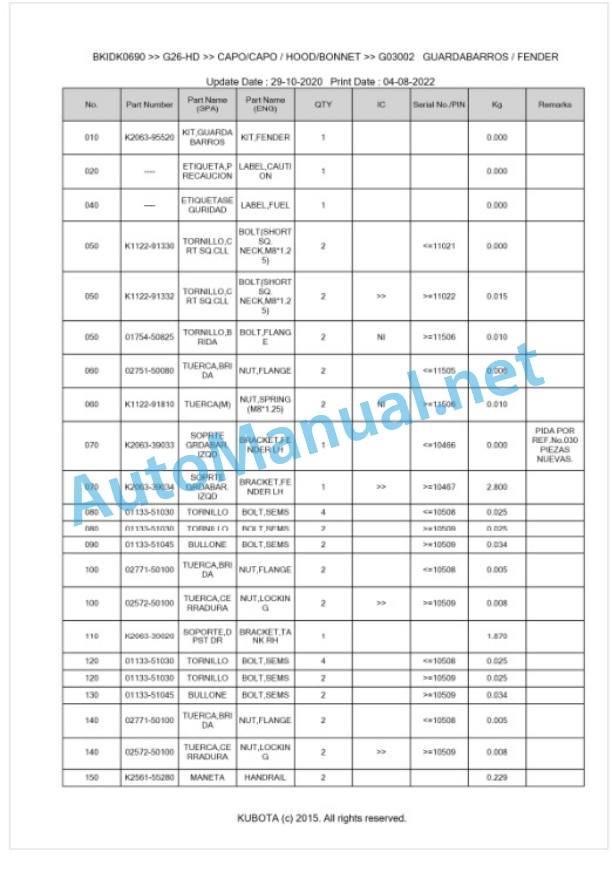 Kubota G26-HD Parts Manual PDF BKIDK0690 5 Kubota G26-HD Parts Manual PDF BKIDK0690-5