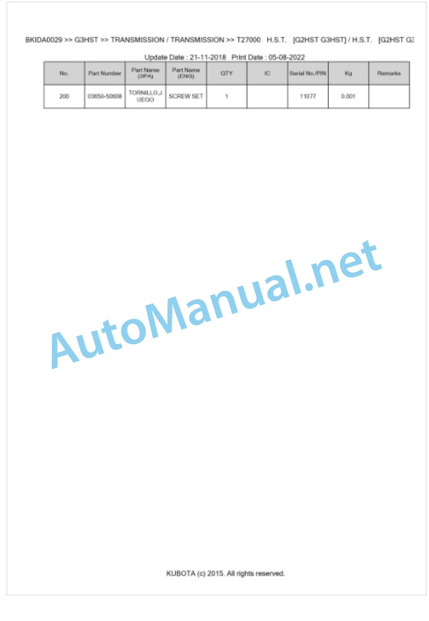Kubota G3HST Parts Manual PDF BKIDA0029 4 Kubota G3HST Parts Manual PDF BKIDA0029-4