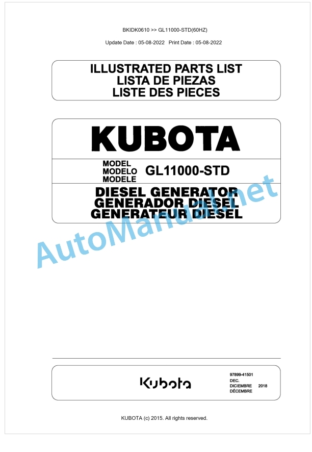 Kubota GL11000-STD(60HZ) Parts Manual PDF BKIDK0610 1 Kubota GL11000-STD(60HZ) Parts Manual PDF BKIDK0610