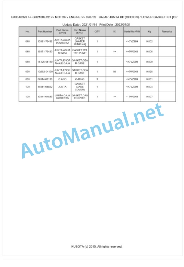 Kubota GR2100EC2 Parts Manual PDF BKIDA0328 3 Kubota GR2100EC2 Parts Manual PDF BKIDA0328-3