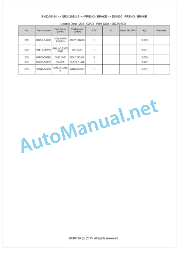 Kubota GR2120EU-3 Parts Manual PDF BKIDA5164-4