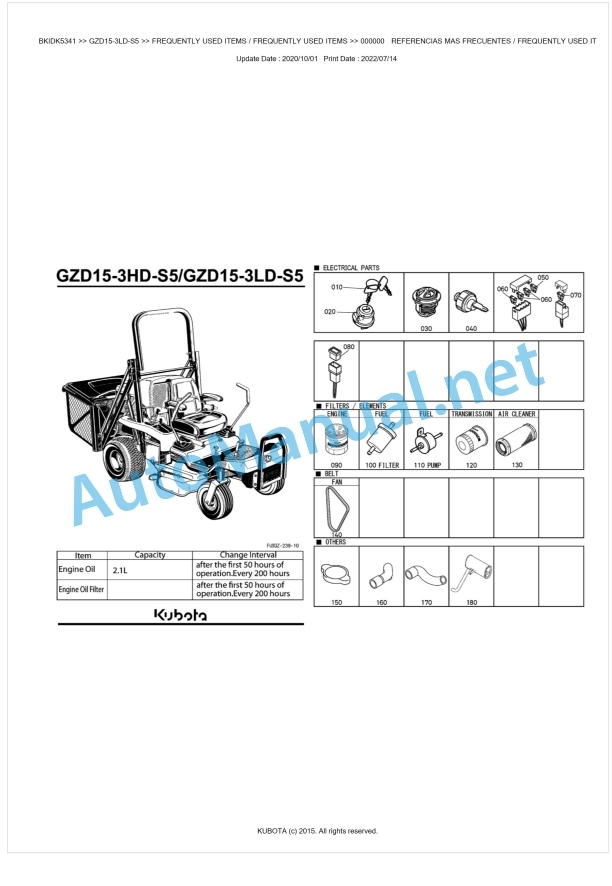 Kubota GZD15-3HD-S5, GZD15-3LD-S5 Parts Manual PDF BKIDK5341 1 Kubota GZD15-3HD-S5, GZD15-3LD-S5 Parts Manual PDF BKIDK5341