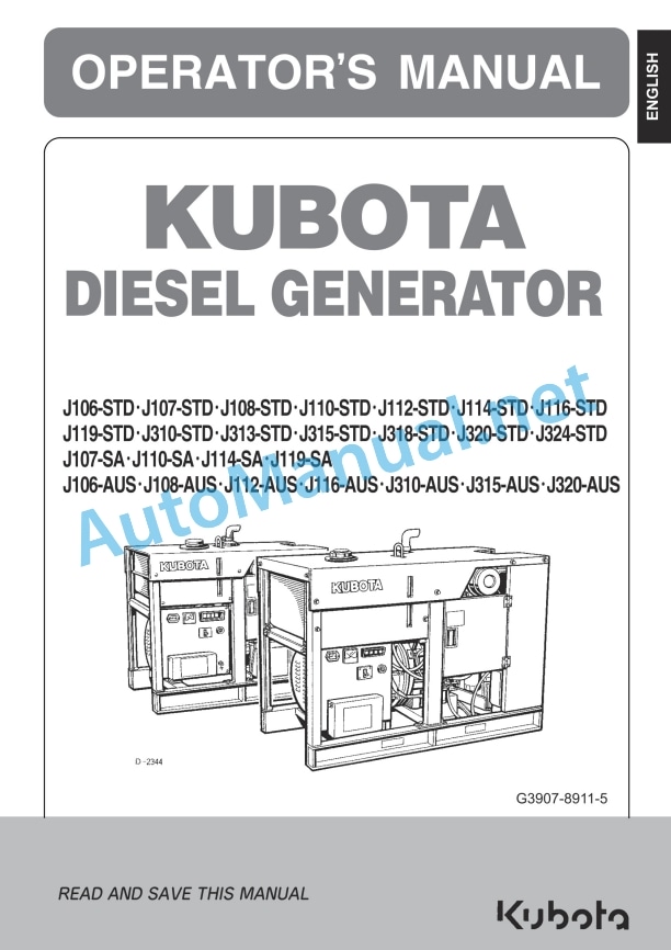 Kubota J106-STD, J107-STD, J108-STD, J110 Operators Manual PDF