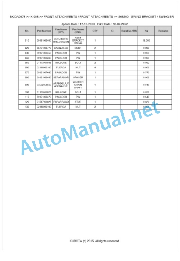 Kubota K-008 Parts Manual PDF BKIDA0078 5 Kubota K-008 Parts Manual PDF BKIDA0078-5