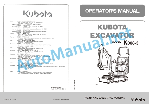 Kubota K008-3 Excacator Operators Manual PDF