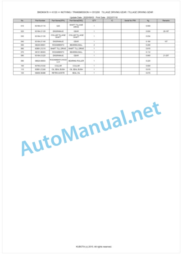 Kubota K120 Parts Manual PDF BKIDK0478 2 Kubota K120 Parts Manual PDF BKIDK0478-2