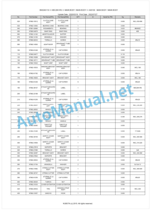 Kubota KBC26H-RS Parts Manual PDF BKIDA5119 4 Kubota KBC26H-RS Parts Manual PDF BKIDA5119-4