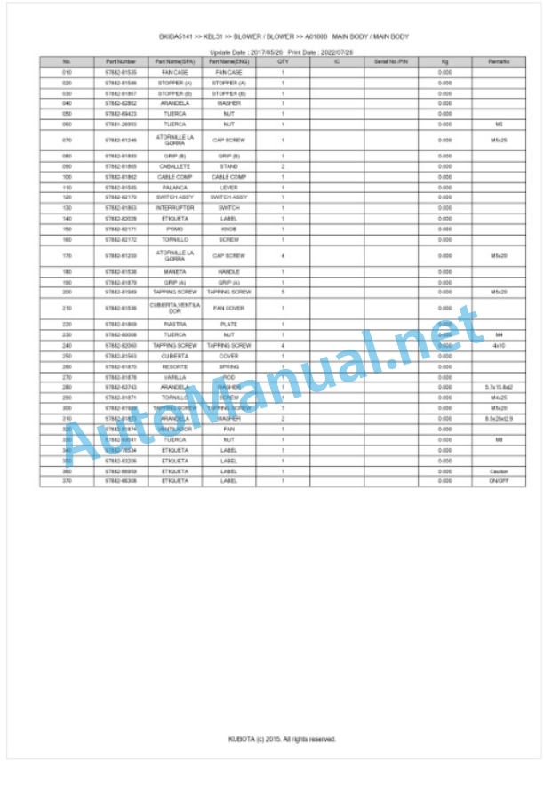 Kubota KBL31 Parts Manual PDF BKIDA5141 5 Kubota KBL31 Parts Manual PDF BKIDA5141-5
