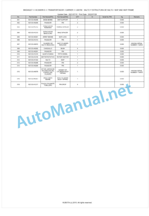 Kubota KC300HR-5 Parts Manual PDF BKIDA5227-5