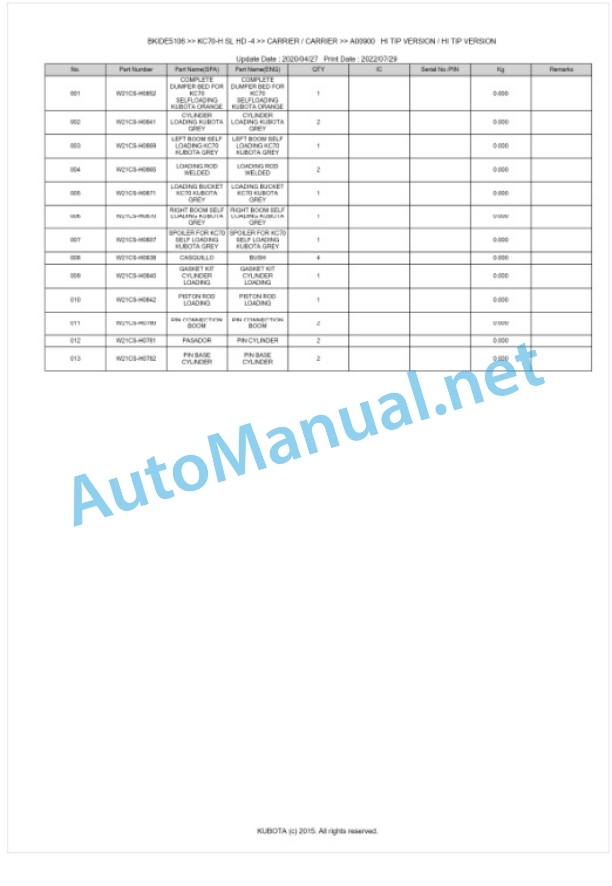 Kubota KC70-H SL HD -4 Parts Manual PDF BKIDE5106-2