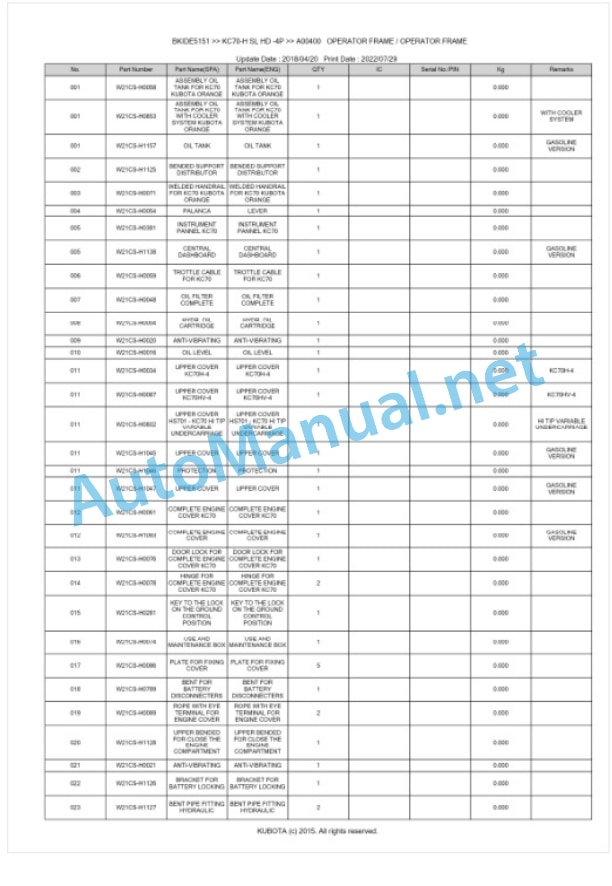Kubota KC70-H SL HD -4P Parts Manual PDF BKIDE5151 2 Kubota KC70-H SL HD -4P Parts Manual PDF BKIDE5151-2
