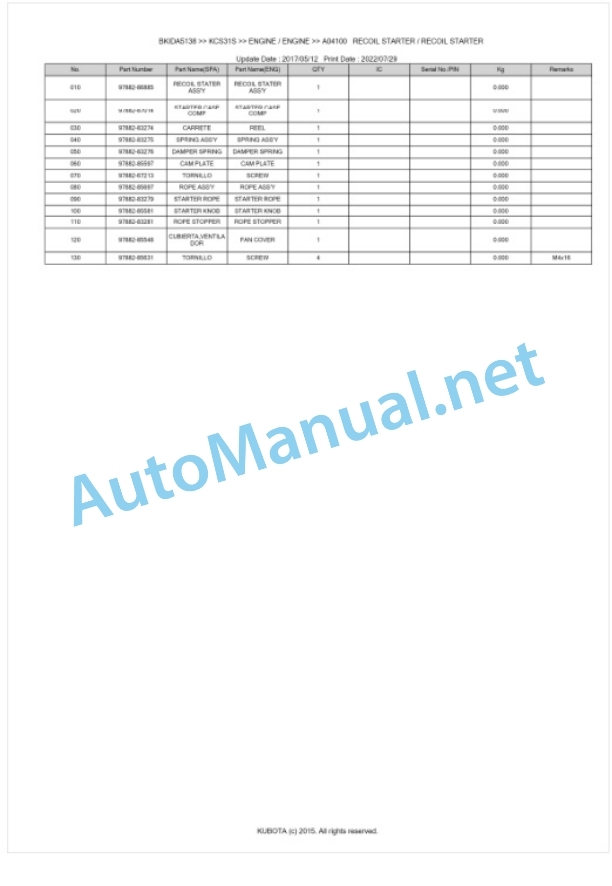 Kubota KCS31S Parts Manual PDF BKIDA5138-4