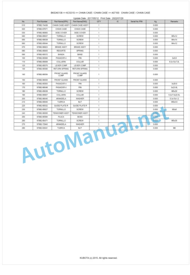 Kubota KCS31S Parts Manual PDF BKIDA5138-5