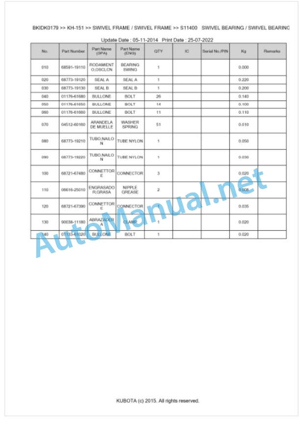 Kubota KH-151 Parts Manual PDF BKIDK0179 5 Kubota KH-151 Parts Manual PDF BKIDK0179-5