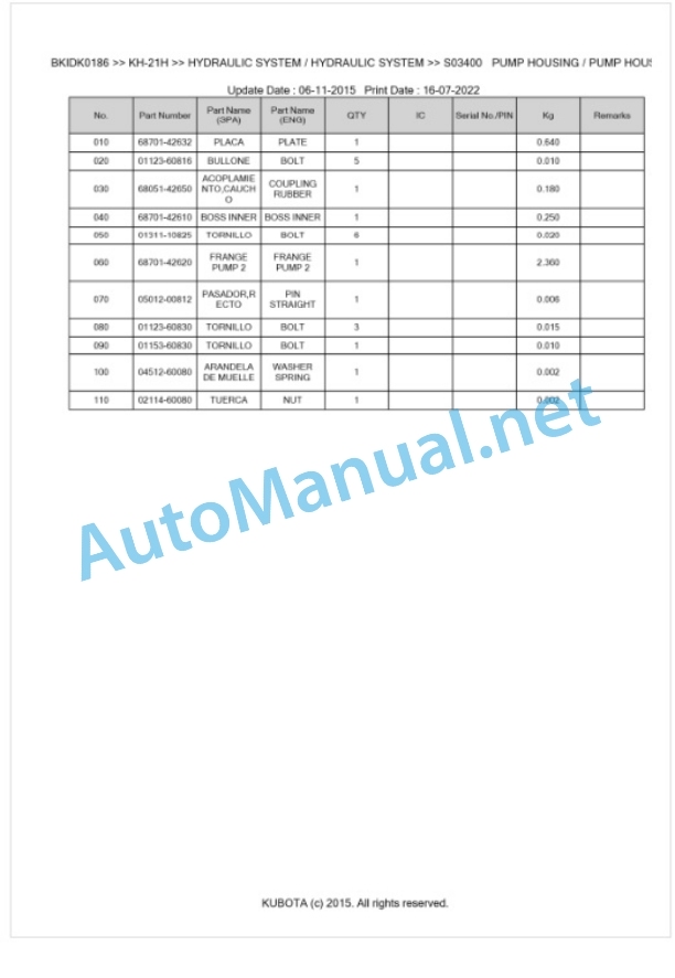 Kubota KH-21H Parts Manual PDF BKIDK0186 3 Kubota KH-21H Parts Manual PDF BKIDK0186-3