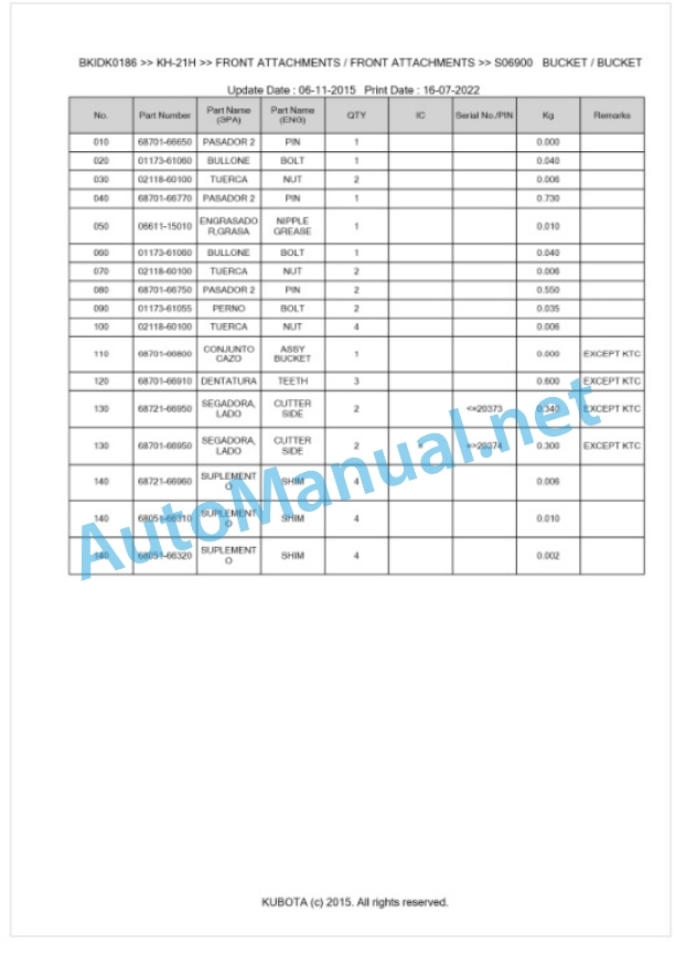 Kubota KH-21H Parts Manual PDF BKIDK0186 5 Kubota KH-21H Parts Manual PDF BKIDK0186-5