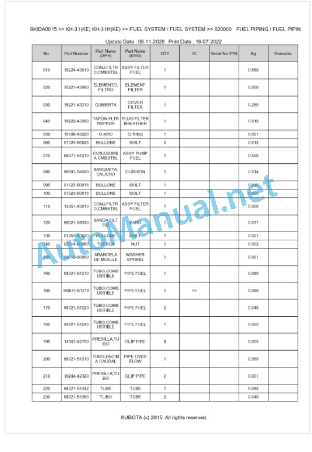 Kubota KH-31, KH-31KE, KH-31H, KH-31HKE Parts Manual PDF BKIDA0015 2 Kubota KH-31, KH-31KE, KH-31H, KH-31HKE Parts Manual PDF BKIDA0015-2