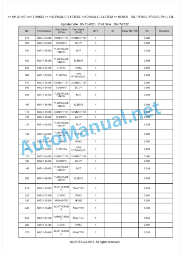 Kubota KH-31, KH-31KE, KH-31H, KH-31HKE Parts Manual PDF BKIDA0015 4 Kubota KH-31, KH-31KE, KH-31H, KH-31HKE Parts Manual PDF BKIDA0015-4