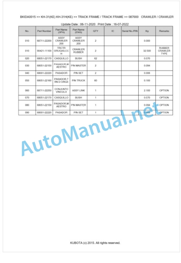 Kubota KH-31, KH-31KE, KH-31H, KH-31HKE Parts Manual PDF BKIDA0015 5 Kubota KH-31, KH-31KE, KH-31H, KH-31HKE Parts Manual PDF BKIDA0015-5