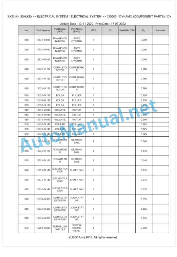 Kubota KH-35, KH-35KE, KH-35H, KH-35HKE Parts Manual PDF BKIDA0016 3 Kubota KH-35, KH-35KE, KH-35H, KH-35HKE Parts Manual PDF BKIDA0016-3