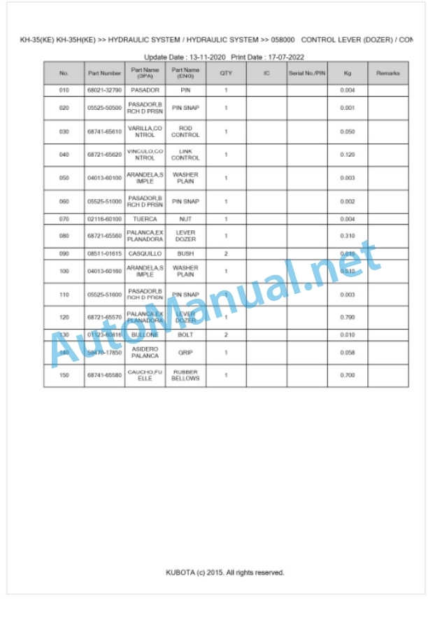 Kubota KH-35, KH-35KE, KH-35H, KH-35HKE Parts Manual PDF BKIDA0016 4 Kubota KH-35, KH-35KE, KH-35H, KH-35HKE Parts Manual PDF BKIDA0016-4