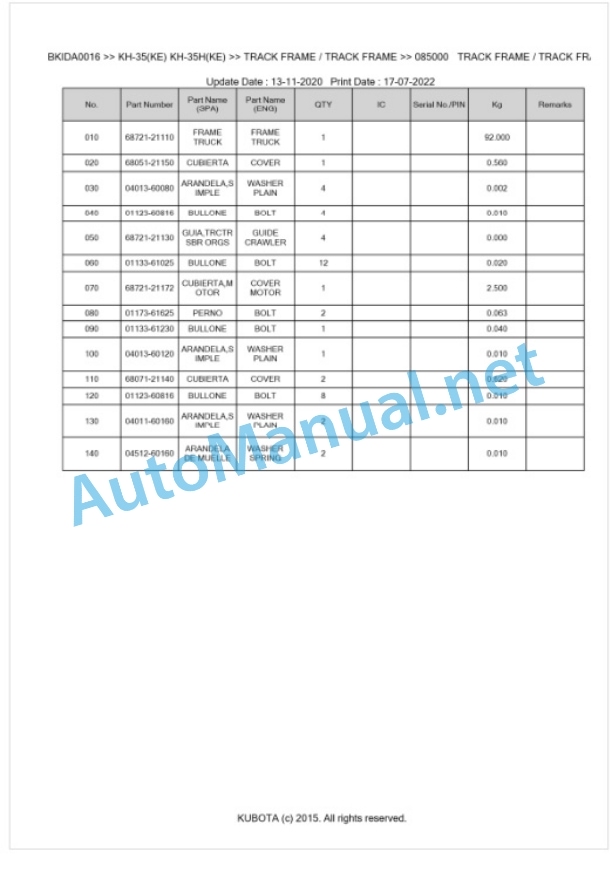 Kubota KH-35, KH-35KE, KH-35H, KH-35HKE Parts Manual PDF BKIDA0016 5 Kubota KH-35, KH-35KE, KH-35H, KH-35HKE Parts Manual PDF BKIDA0016-5