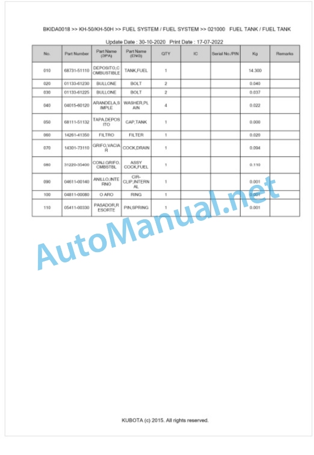 Kubota KH-50, KH-50H Parts Manual PDF BKIDA0018 2 Kubota KH-50, KH-50H Parts Manual PDF BKIDA0018-2