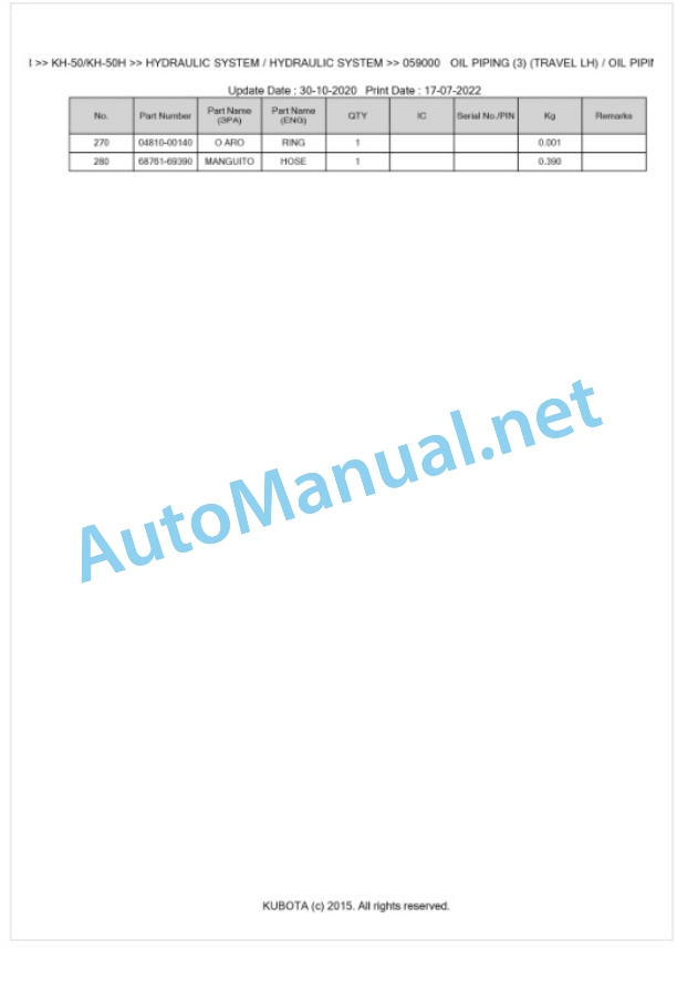 Kubota KH-50, KH-50H Parts Manual PDF BKIDA0018 4 Kubota KH-50, KH-50H Parts Manual PDF BKIDA0018-4