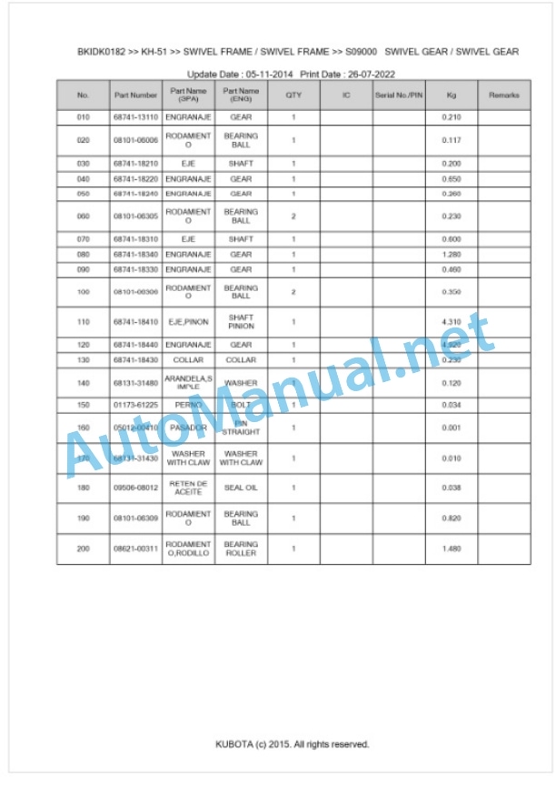Kubota KH-51 Parts Manual PDF BKIDK0182 5 Kubota KH-51 Parts Manual PDF BKIDK0182-5