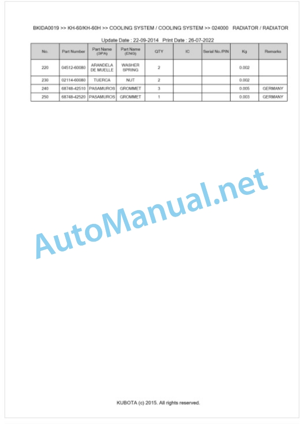 Kubota KH-60, KH-60H Parts Manual PDF BKIDA0019 2 Kubota KH-60, KH-60H Parts Manual PDF BKIDA0019-2