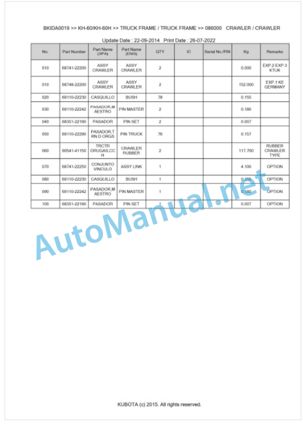 Kubota KH-60, KH-60H Parts Manual PDF BKIDA0019 5 Kubota KH-60, KH-60H Parts Manual PDF BKIDA0019-5
