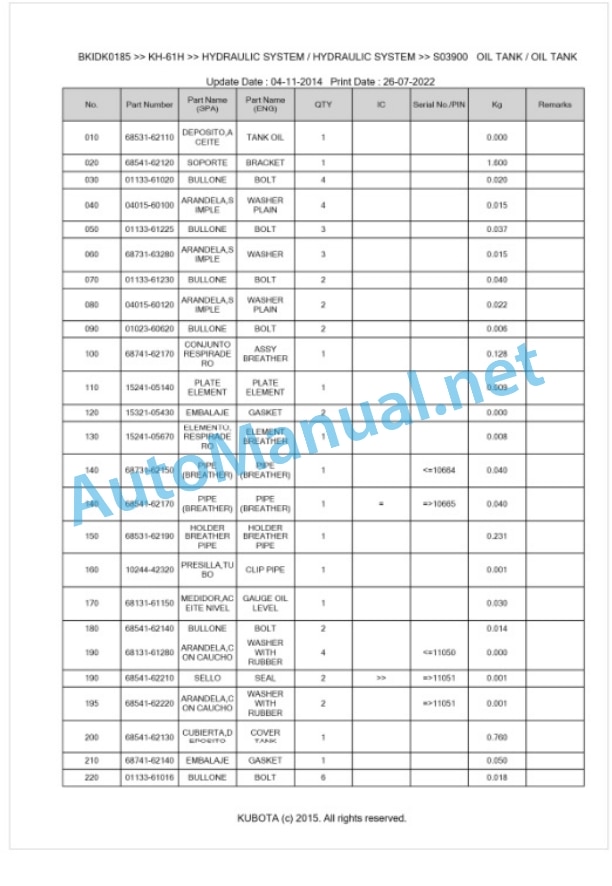 Kubota KH-61H Parts Manual PDF BKIDK0185 3 Kubota KH-61H Parts Manual PDF BKIDK0185-3
