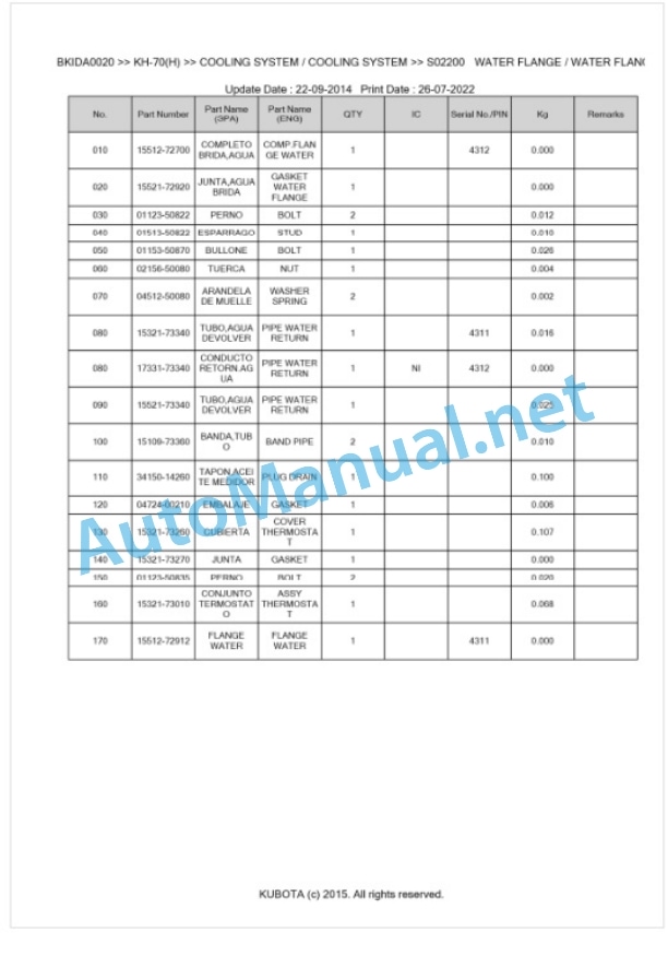 Kubota KH-70(H) Parts Manual PDF BKIDA0020 2 Kubota KH-70(H) Parts Manual PDF BKIDA0020-2