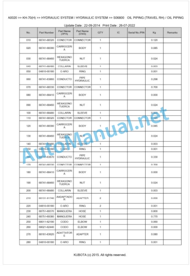 Kubota KH-70(H) Parts Manual PDF BKIDA0020 4 Kubota KH-70(H) Parts Manual PDF BKIDA0020-4