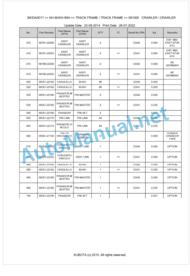 Kubota KH-90, KH-90H Parts Manual PDF BKIDA0017 5 Kubota KH-90, KH-90H Parts Manual PDF BKIDA0017-5