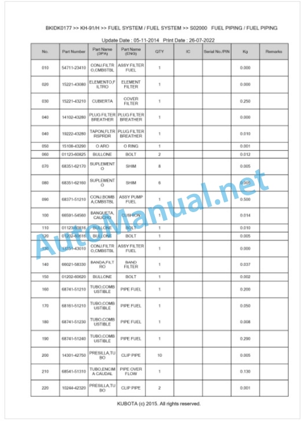 Kubota KH-91, KH-91H Parts Manual PDF BKIDK0177 2 Kubota KH-91, KH-91H Parts Manual PDF BKIDK0177-2