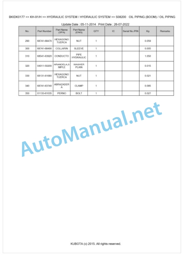 Kubota KH-91, KH-91H Parts Manual PDF BKIDK0177 4 Kubota KH-91, KH-91H Parts Manual PDF BKIDK0177-4