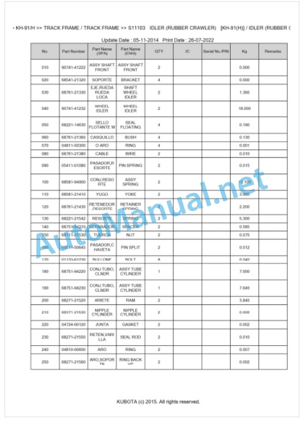 Kubota KH-91, KH-91H Parts Manual PDF BKIDK0177 5 Kubota KH-91, KH-91H Parts Manual PDF BKIDK0177-5