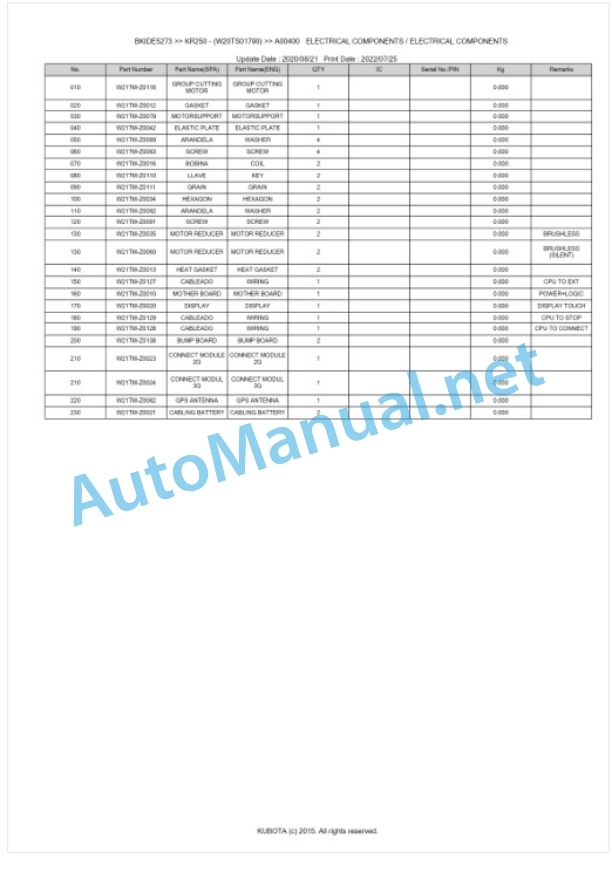Kubota KR250 Parts Manual PDF BKIDE5273 5 Kubota KR250 Parts Manual PDF BKIDE5273-5
