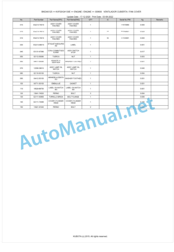 Kubota KVP20, GH130E Parts Manual PDF BKIDA0125 4 Kubota KVP20, GH130E Parts Manual PDF BKIDA0125-4