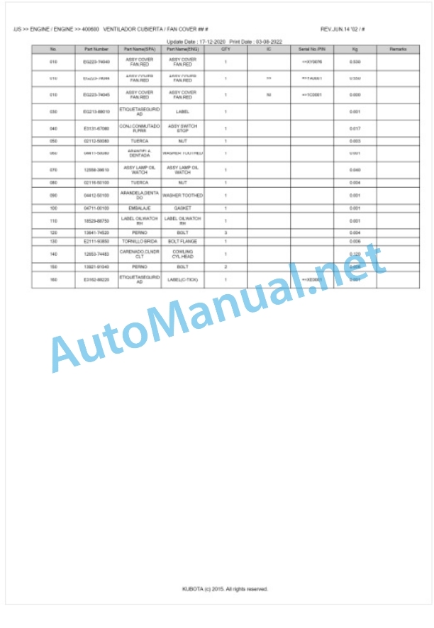 Kubota KVP201T-GH170E, KVP201T-AUS Parts Manual PDF BKIDA0126-2