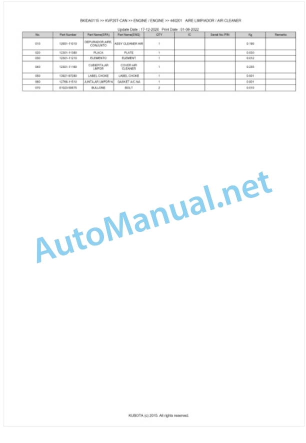 Kubota KVP20T-CAN Parts Manual PDF BKIDA0115 5 Kubota KVP20T-CAN Parts Manual PDF BKIDA0115-5