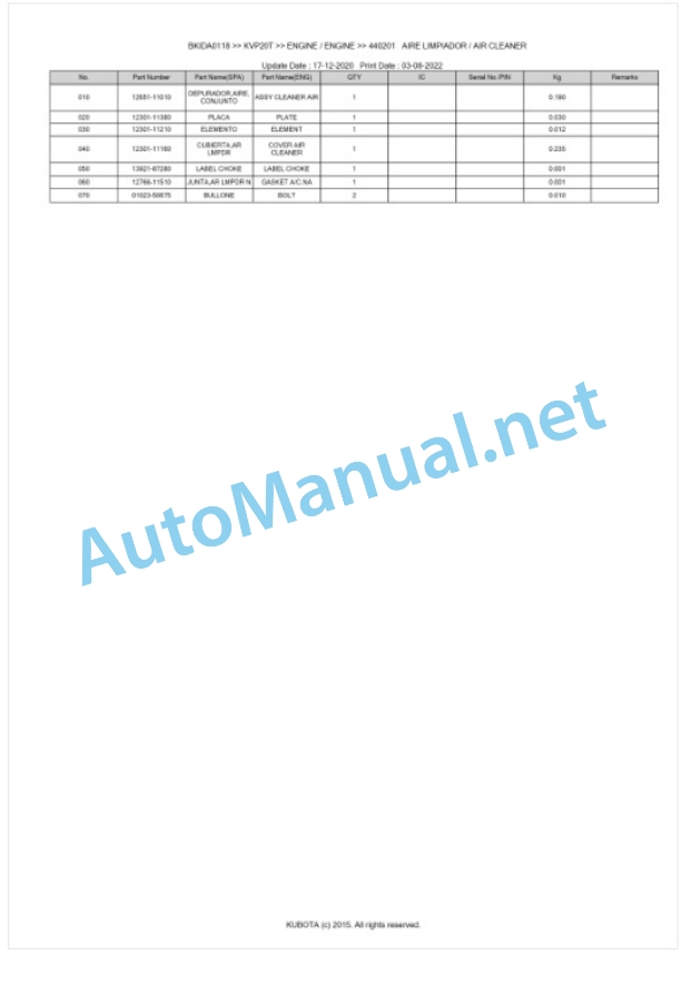 Kubota KVP20T Parts Manual PDF BKIDA0118 5 Kubota KVP20T Parts Manual PDF BKIDA0118-5