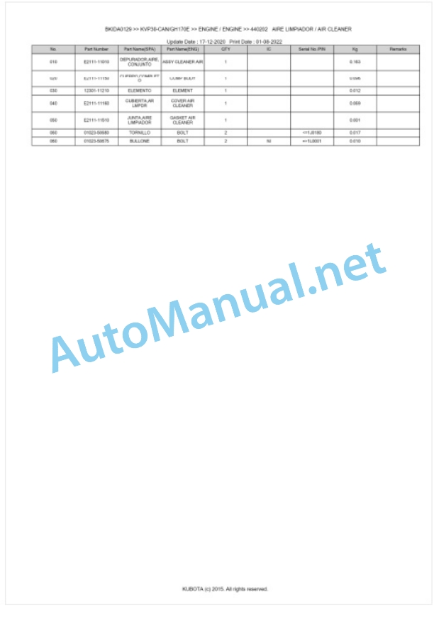 Kubota KVP30-CAN, KVP30-GH170E Parts Manual PDF BKIDA0129 5 Kubota KVP30-CAN, KVP30-GH170E Parts Manual PDF BKIDA0129-5