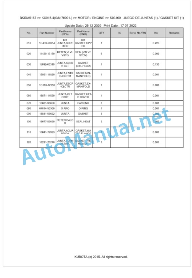 Kubota KX015-4 Parts Manual PDF BKIDA5187 2 Kubota KX015-4 Parts Manual PDF BKIDA5187-2