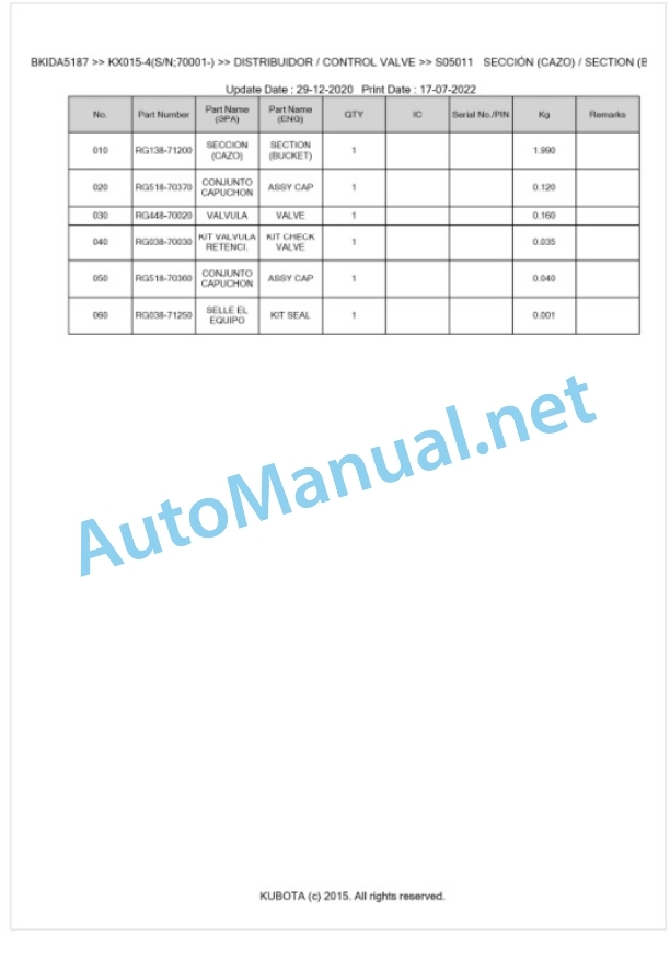 Kubota KX015-4 Parts Manual PDF BKIDA5187 3 Kubota KX015-4 Parts Manual PDF BKIDA5187-3