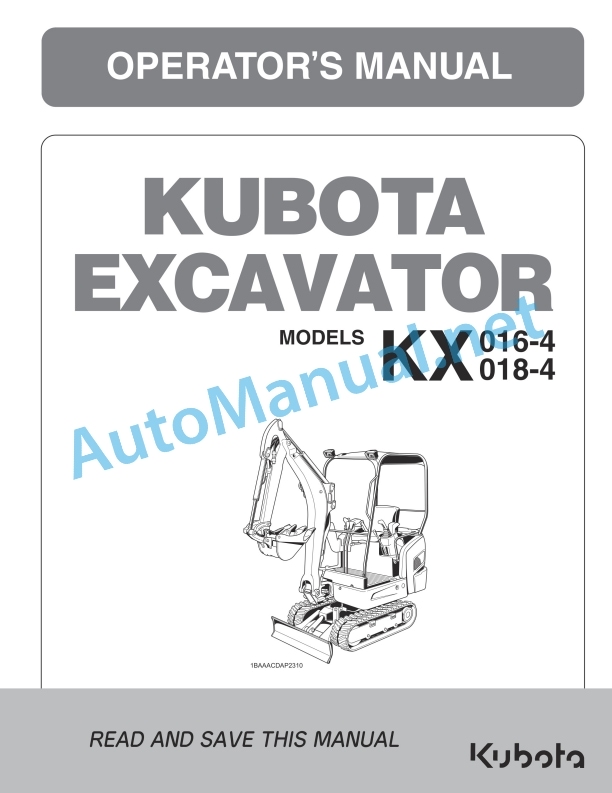 Kubota KX016-4, KX018-4 Excavator Operators Manual PDF