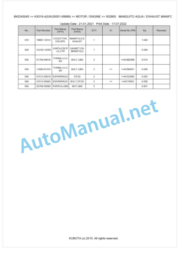 Kubota KX016-4 Parts Manual PDF BKIDA5045 2 Kubota KX016-4 Parts Manual PDF BKIDA5045-2
